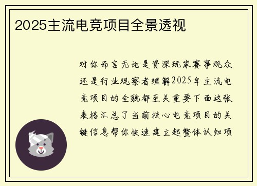 2025主流电竞项目全景透视